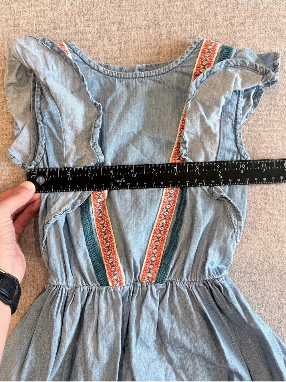 Lucky Brand Girls Chambray Embroidered Ruffle Western Dress 4/5 Rodeo Denim